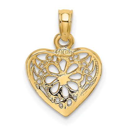 14K 2-D Filigree Heart with Flower Design Charm