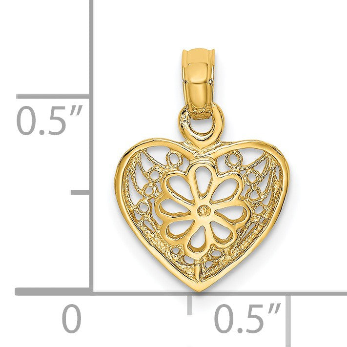 14K 2-D Filigree Heart with Flower Design Charm