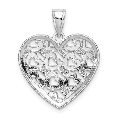 14K White Gold Diamond-cut Heart Pattern On Heart Charm