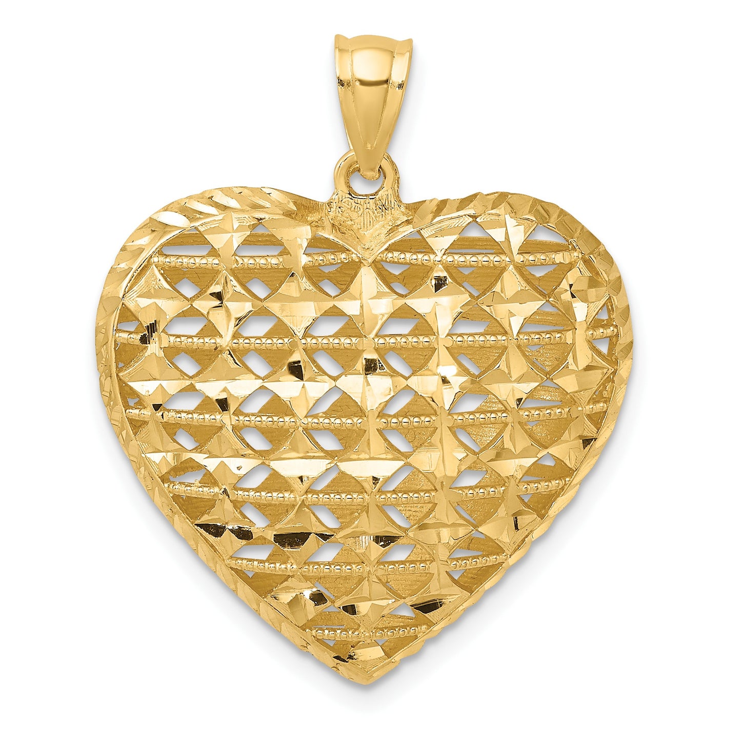 14K 3-D Filigree Diamond-cut Puffed Heart Pendant