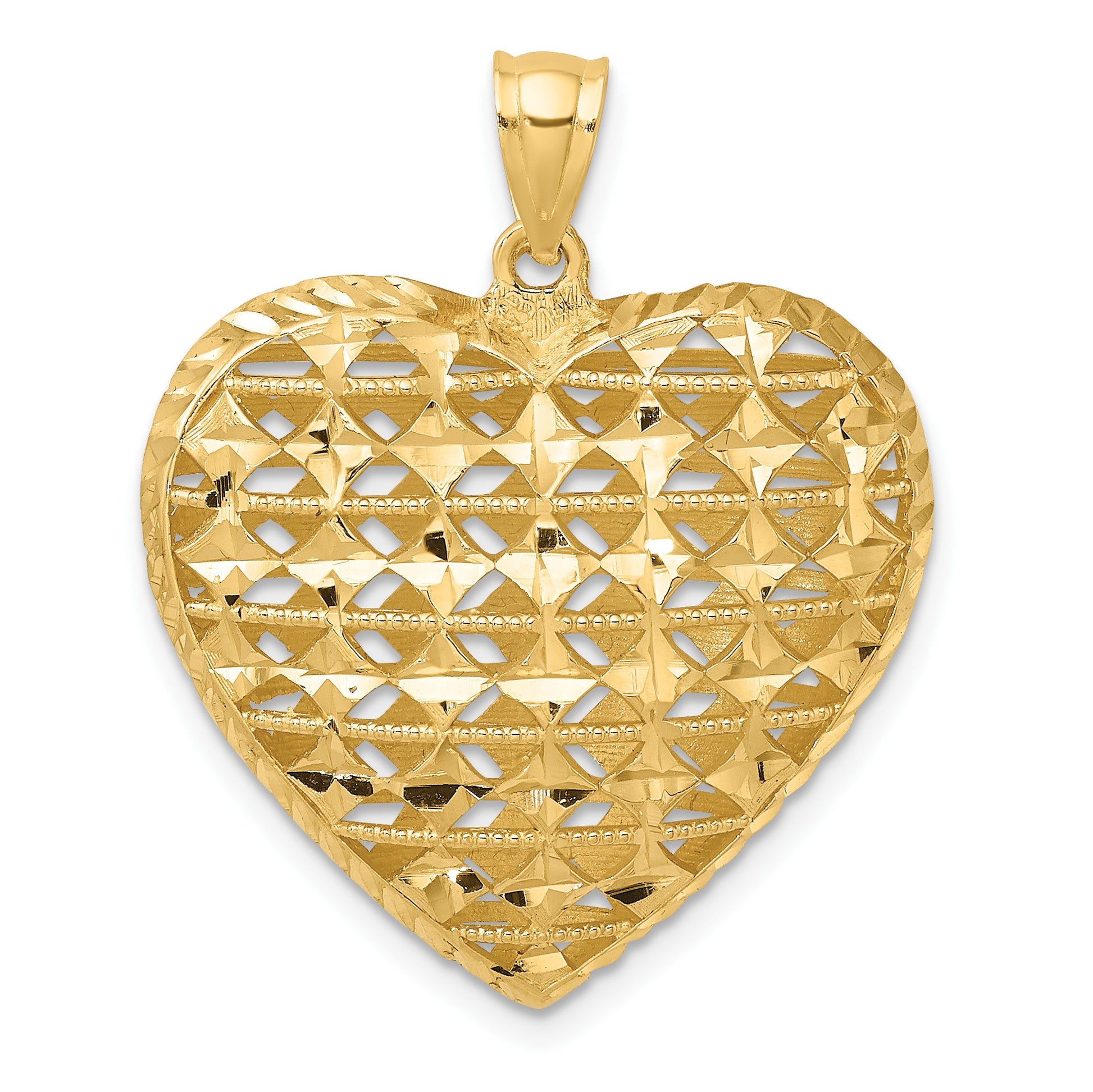 14K 3-D Filigree Diamond-cut Puffed Heart Pendant