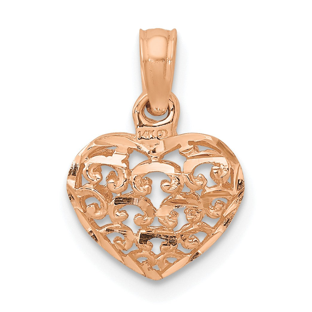 14K Rose Gold 3-D Diamond-cut Mini Puffed Heart Charm