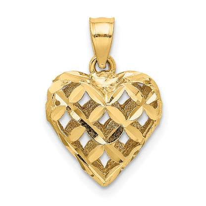 14K 3-D Diamond-cut Lattice Filigree Puffed Heart Charm
