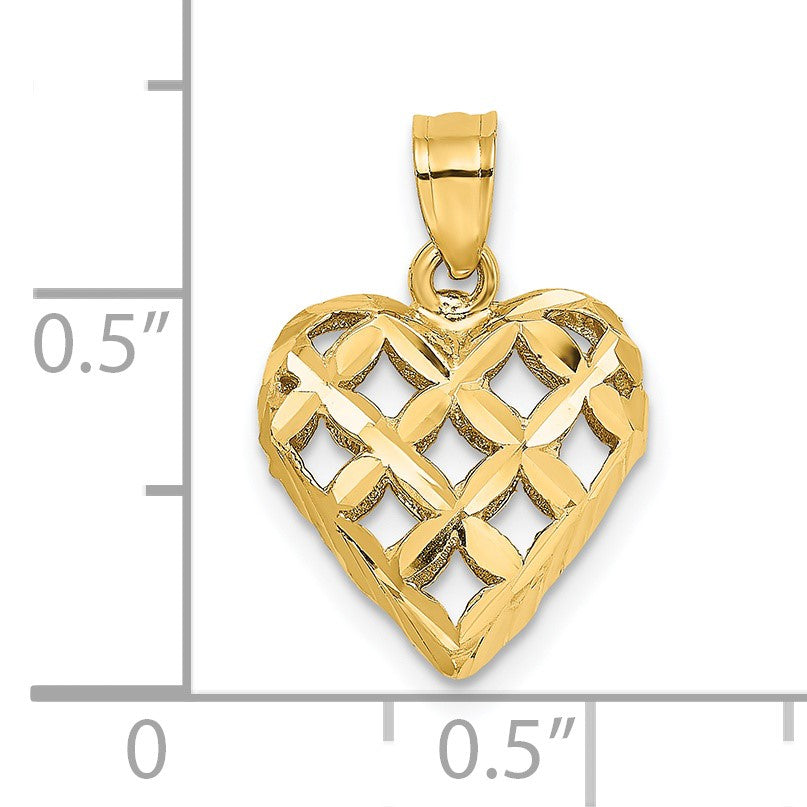 14K 3-D Diamond-cut Lattice Filigree Puffed Heart Charm