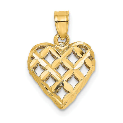 14K 3-D Diamond-cut Lattice Filigree Puffed Heart Charm