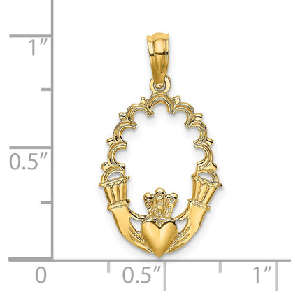 14K Engraved Claddagh In Oval with Lace Trim Charm