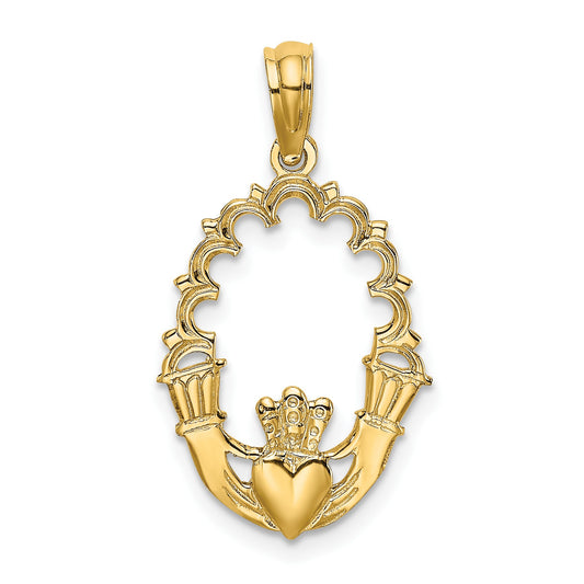 14K Engraved Claddagh In Oval with Lace Trim Charm