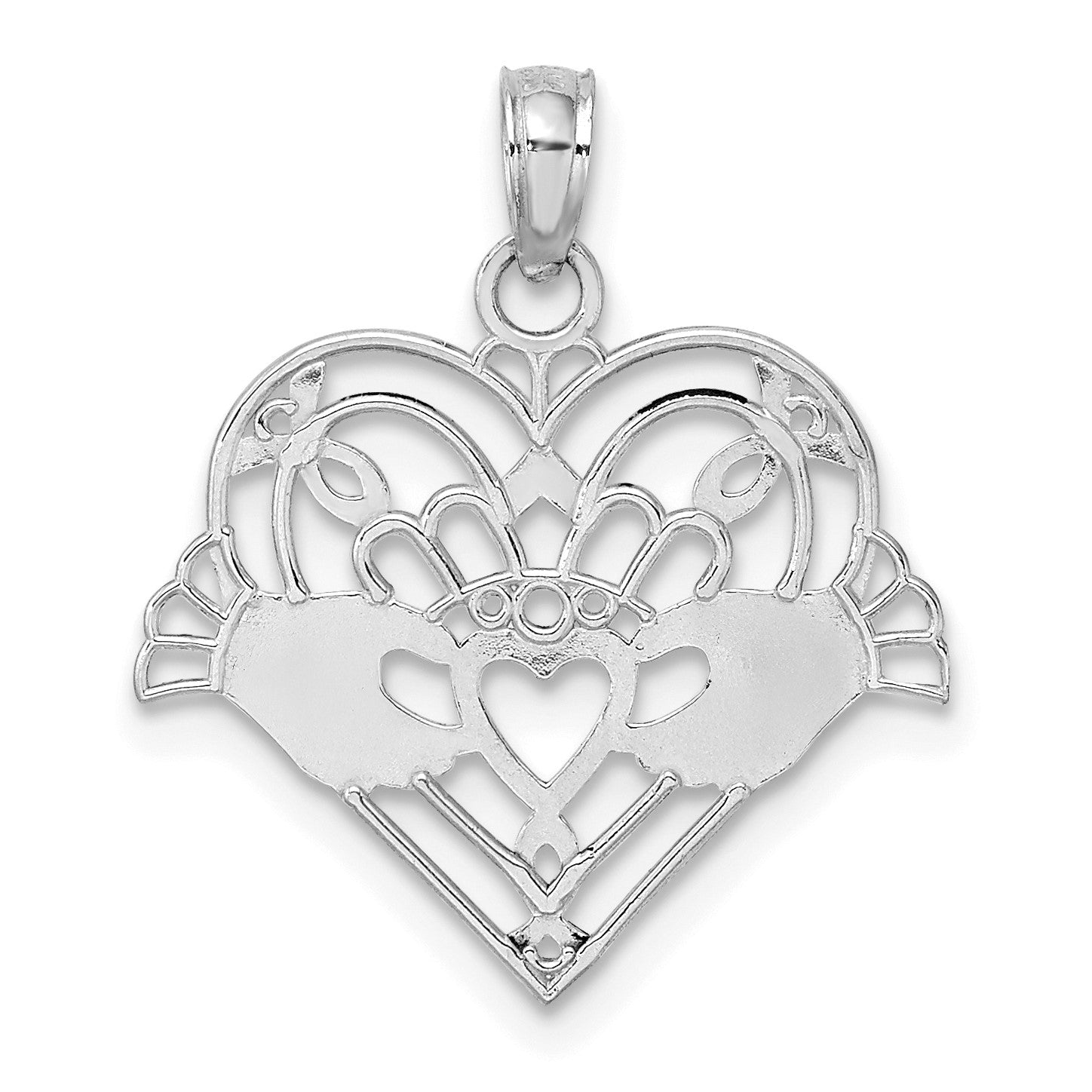14K White Gold Polished and Beaded Claddagh In Heart Charm