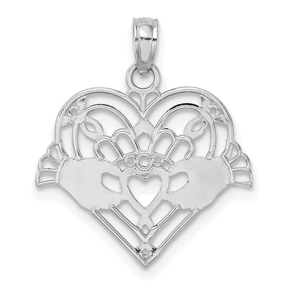 14K White Gold Polished and Beaded Claddagh In Heart Charm