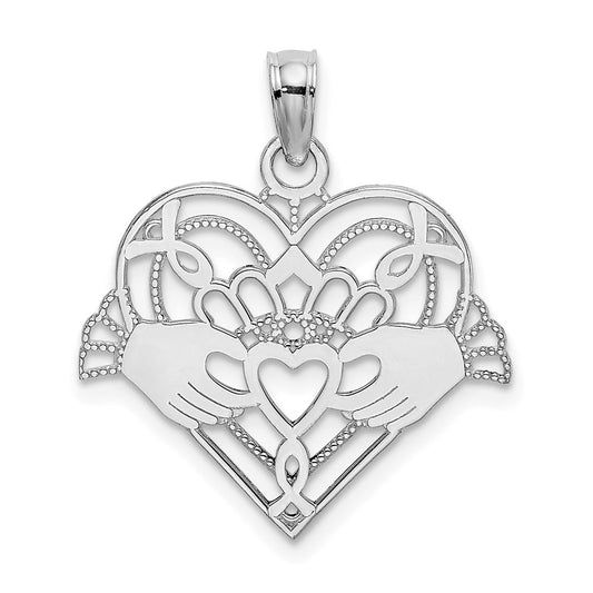 14K White Gold Polished and Beaded Claddagh In Heart Charm