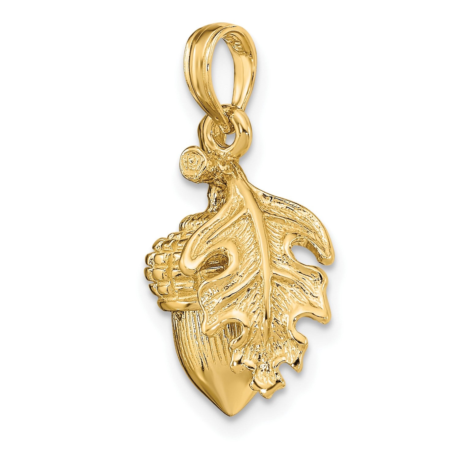 14K 3-D Acorn with Leaf Pendant