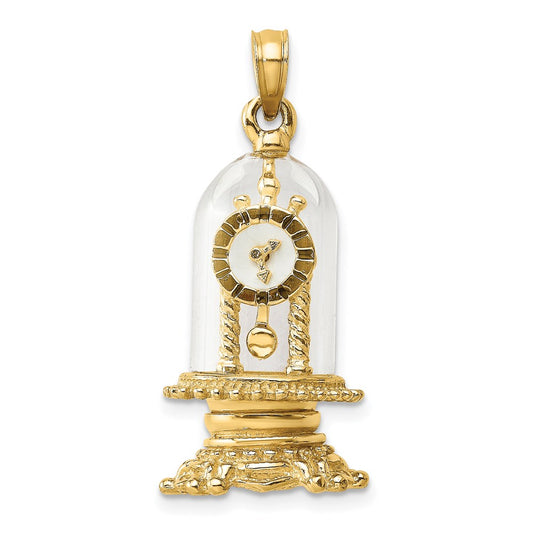 14K w/ Enamel 3-D Moveable Clock In Glass Dome Charm