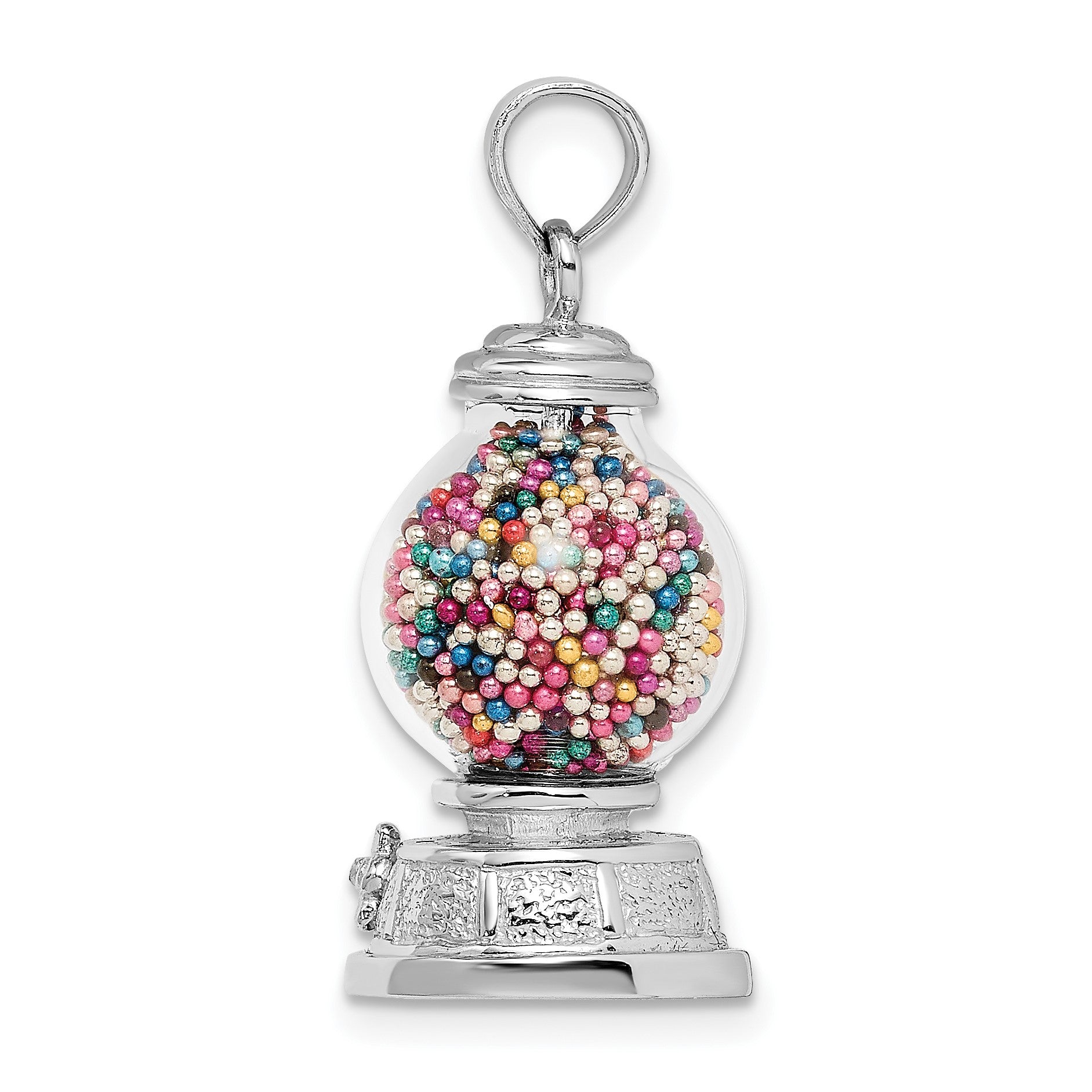 14K White Gold 3-D Glass Gumball Machine with Moveable Multi-colored Beads Pendant