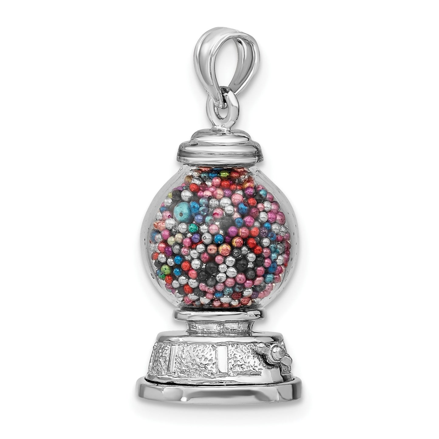 14K White Gold 3-D Glass Gumball Machine with Moveable Multi-colored Beads Pendant