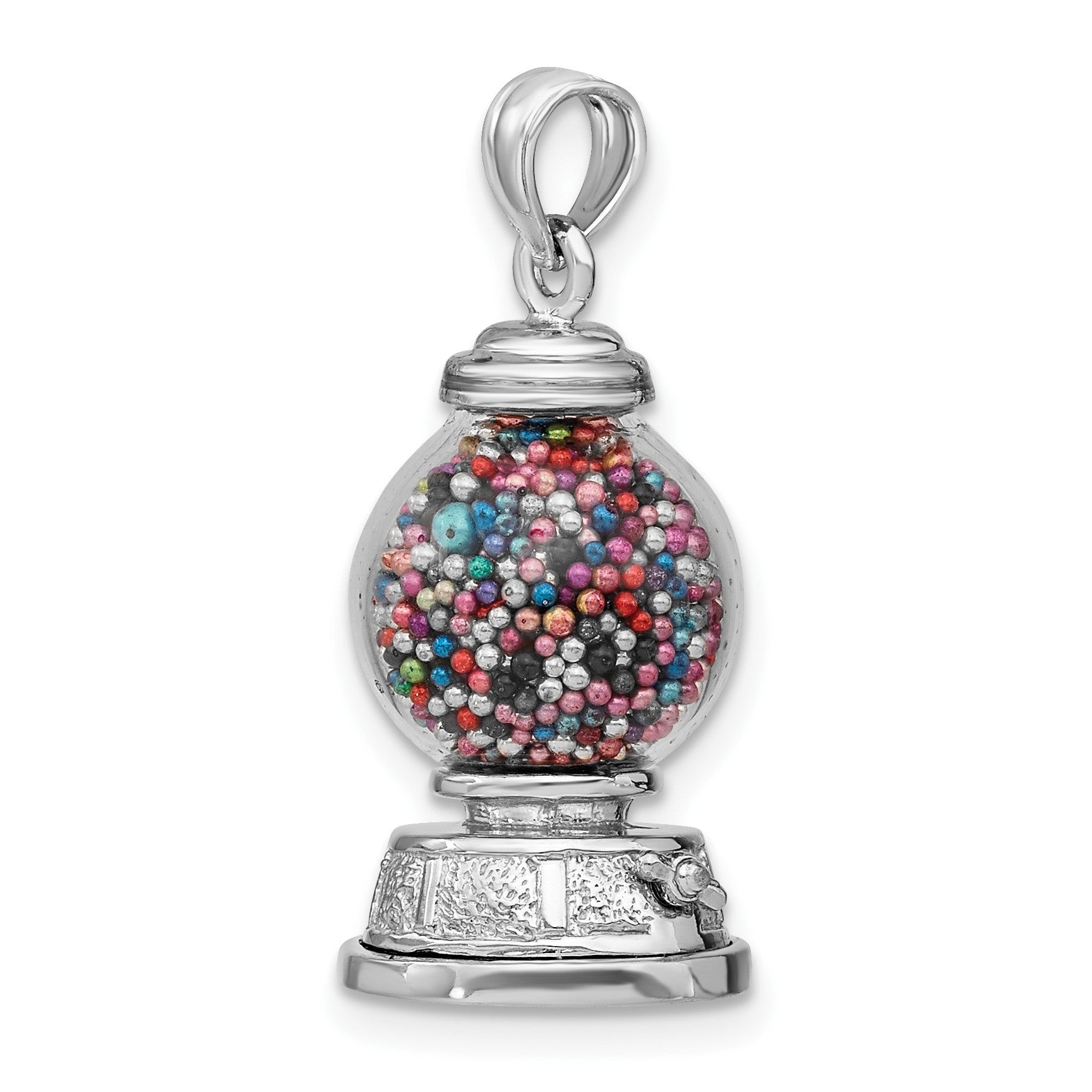 14K White Gold 3-D Glass Gumball Machine with Moveable Multi-colored Beads Pendant
