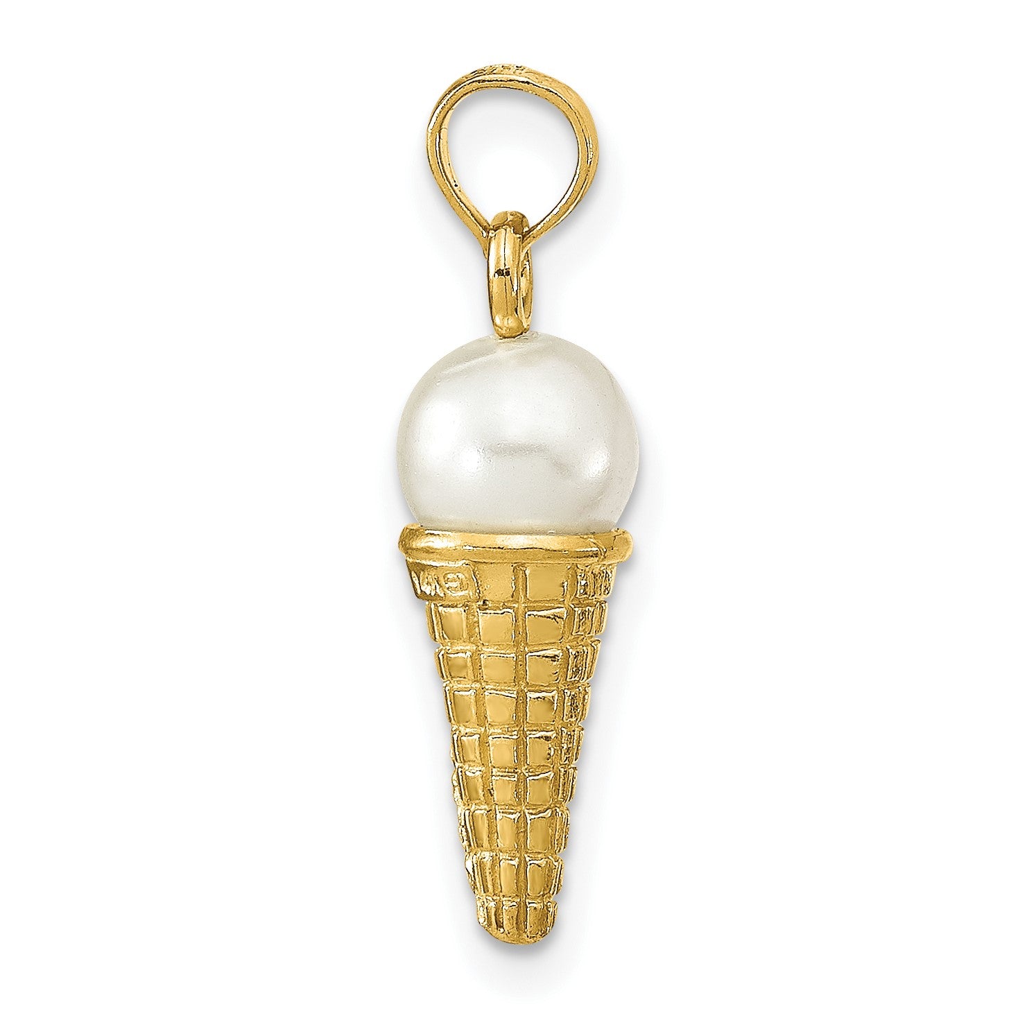 14K Satin Polished 3-D White Bead Ice Cream Cone Pendant