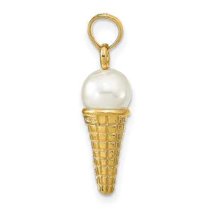 14K Satin Polished 3-D White Bead Ice Cream Cone Pendant
