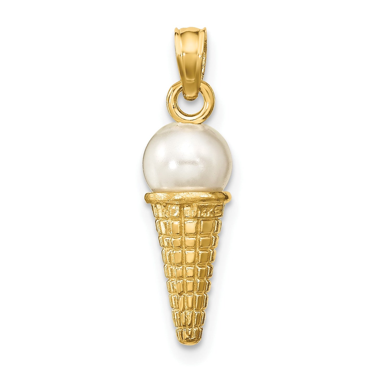 14K Satin Polished 3-D White Bead Ice Cream Cone Pendant