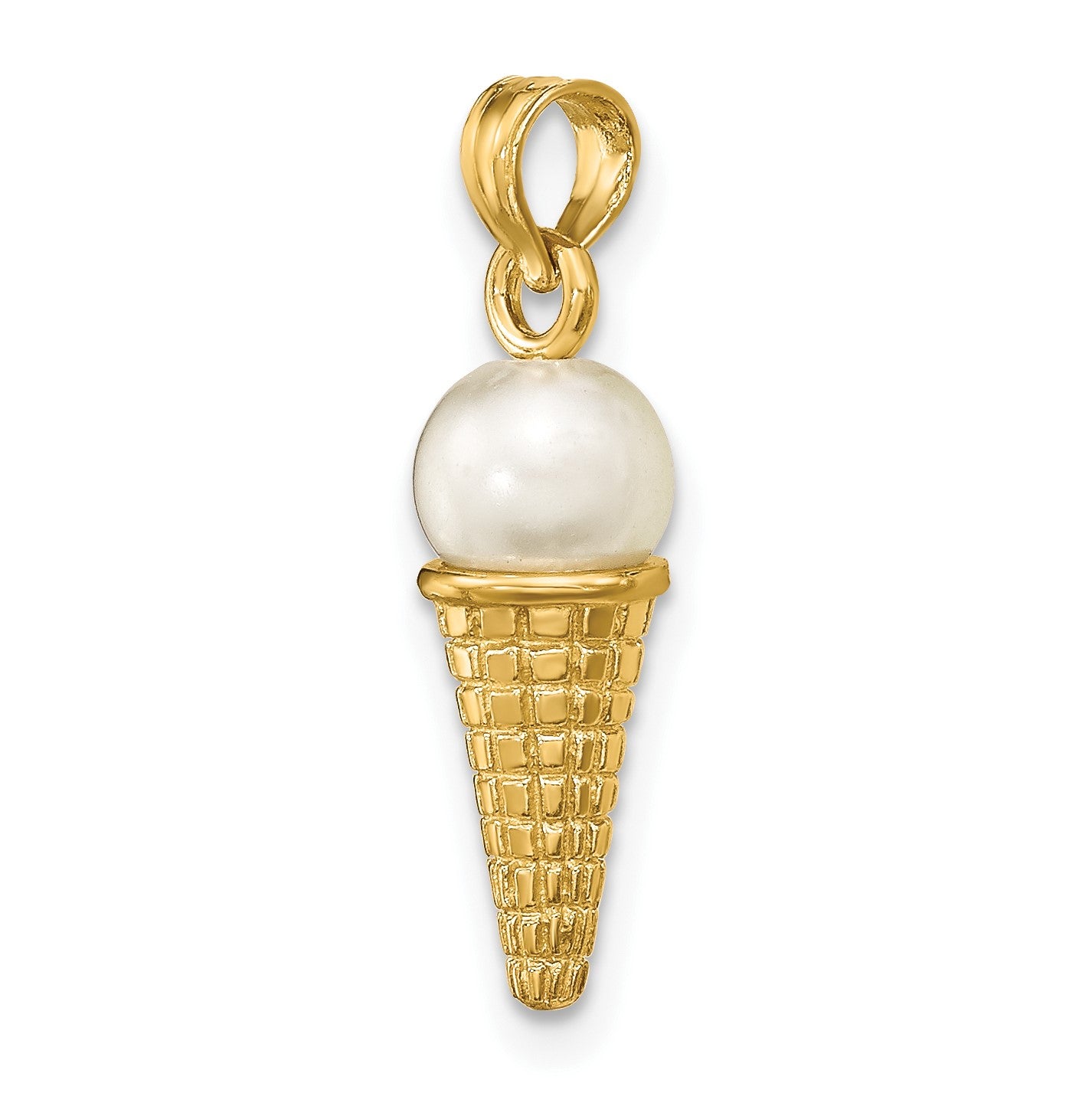 14K Satin Polished 3-D White Bead Ice Cream Cone Pendant