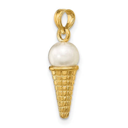 14K Satin Polished 3-D White Bead Ice Cream Cone Pendant