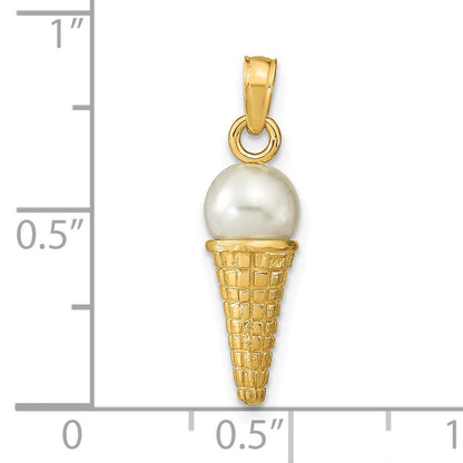 14K Satin Polished 3-D White Bead Ice Cream Cone Pendant
