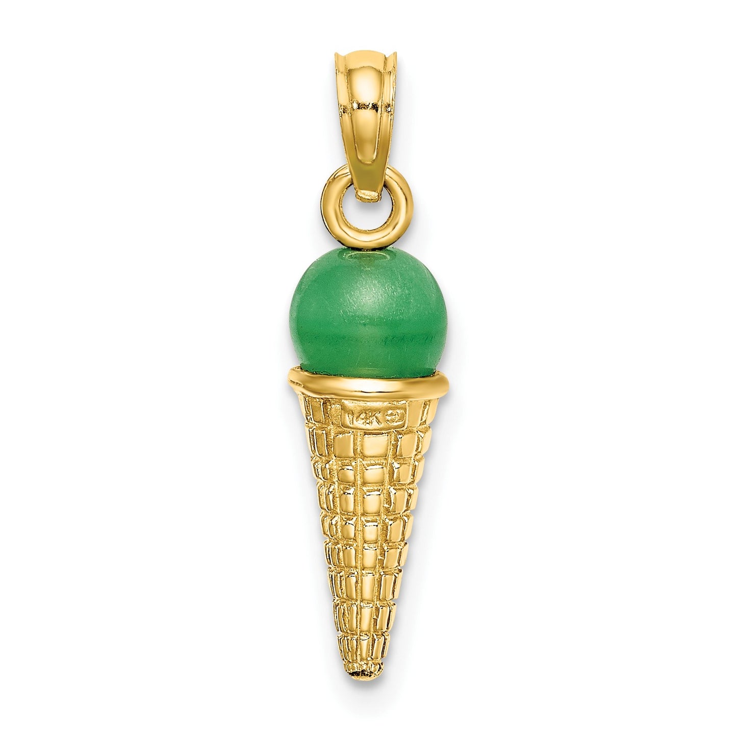 14K Satin Polished 3-D Green Bead Ice Cream Cone Pendant
