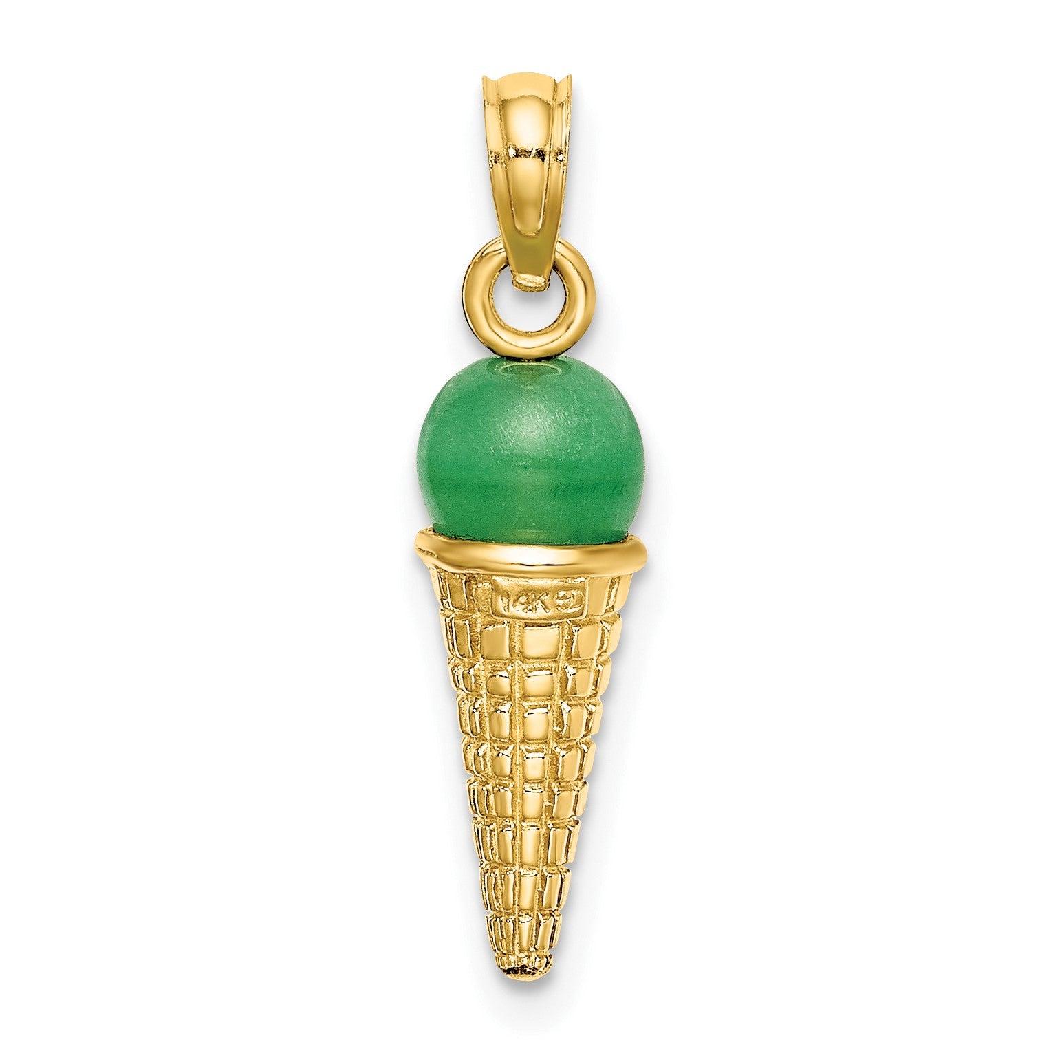 14K Satin Polished 3-D Green Bead Ice Cream Cone Pendant