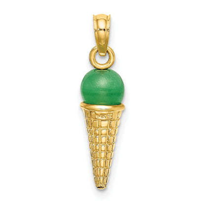 14K Satin Polished 3-D Green Bead Ice Cream Cone Pendant
