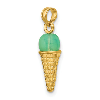 14K Satin Polished 3-D Green Bead Ice Cream Cone Pendant