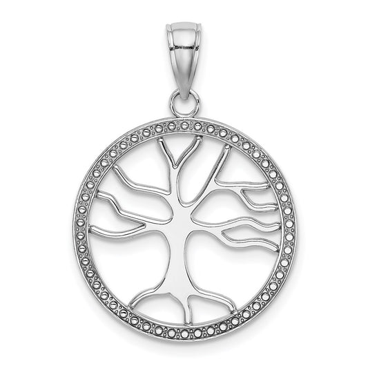 14K White Gold Large Tree Of Life In Round Frame Charm