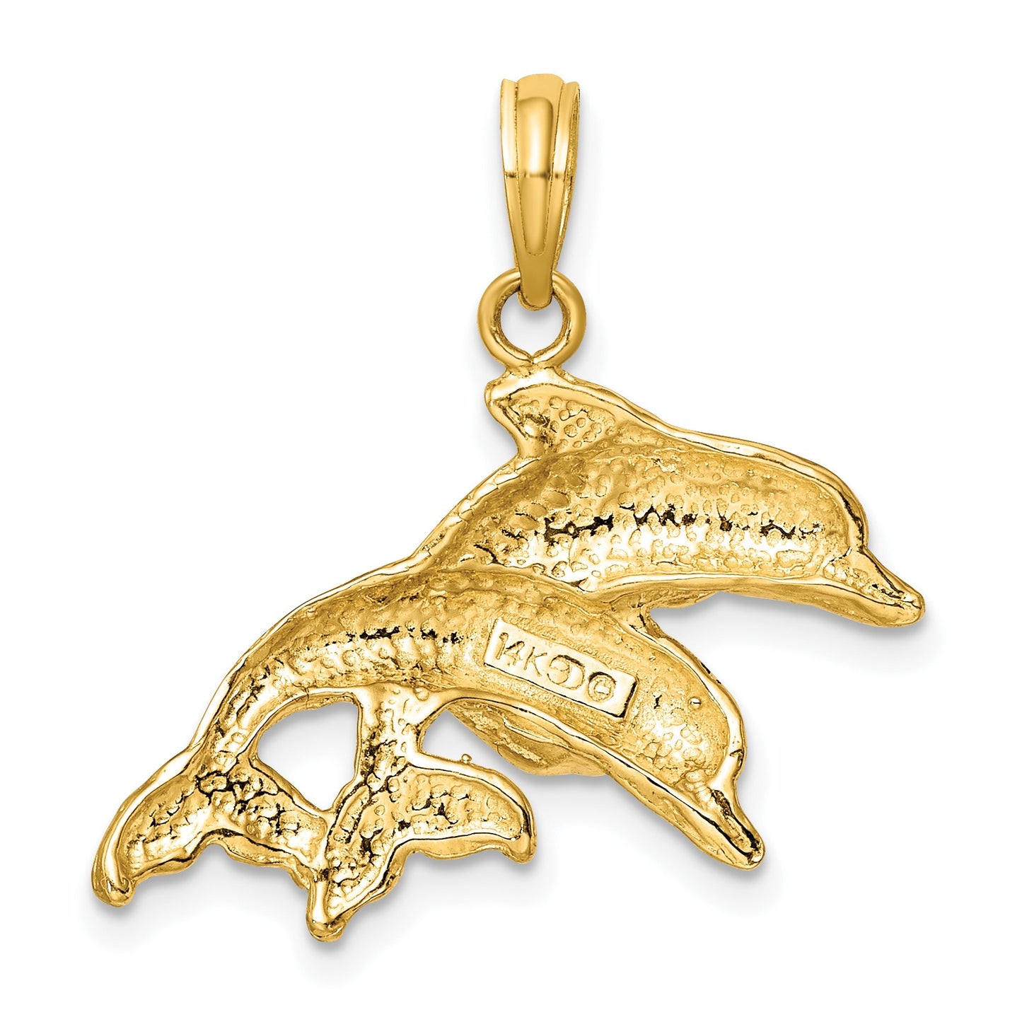 14K 2-D Polished and Textured Double Dolphins Charm