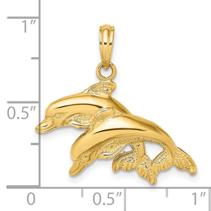 14K 2-D Polished and Textured Double Dolphins Charm