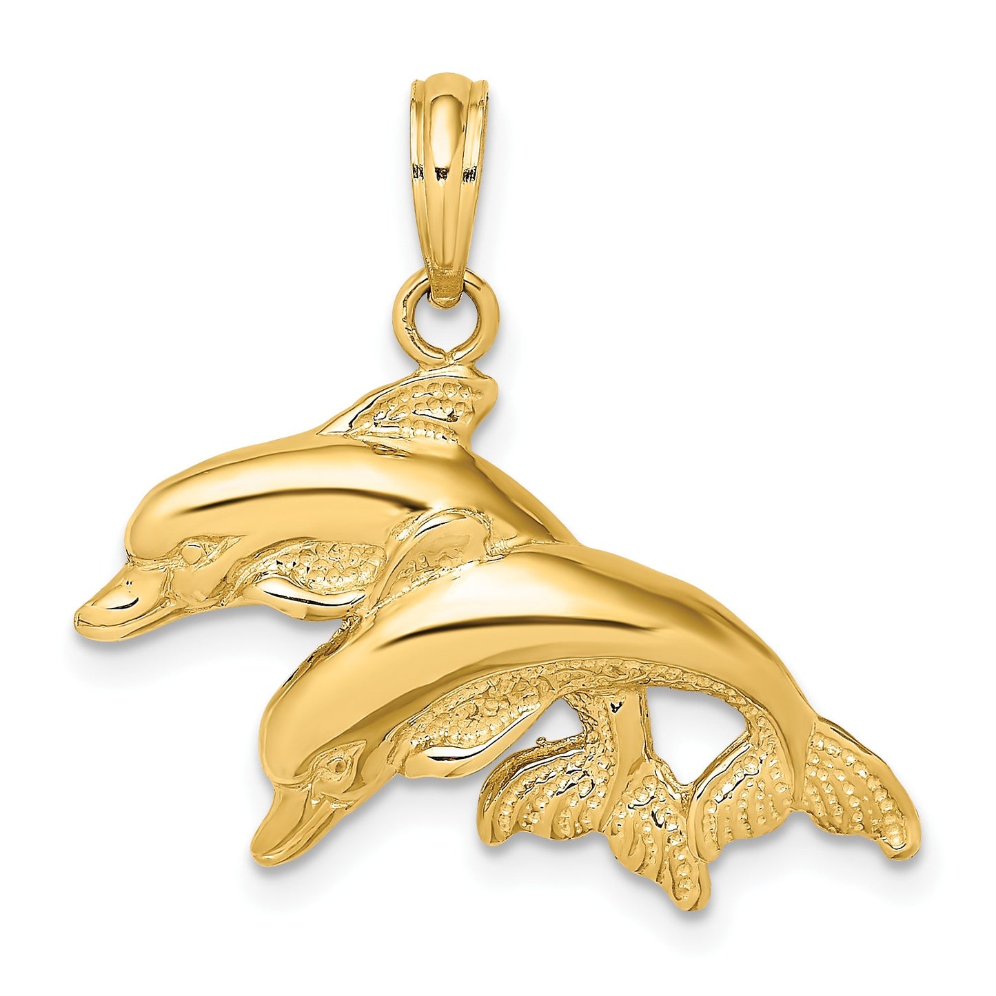 14K 2-D Polished and Textured Double Dolphins Charm