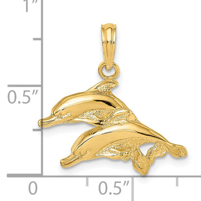 14K Polished and Textured Two Dolphins Charm