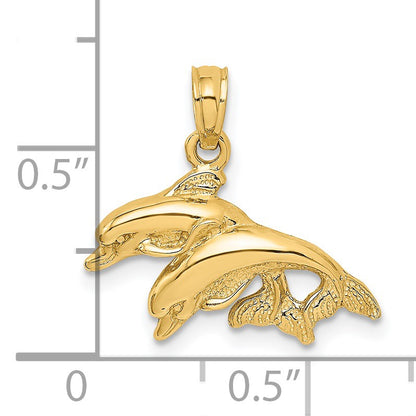 14K 2-D Polished Double Dolphins Jumping Left Charm