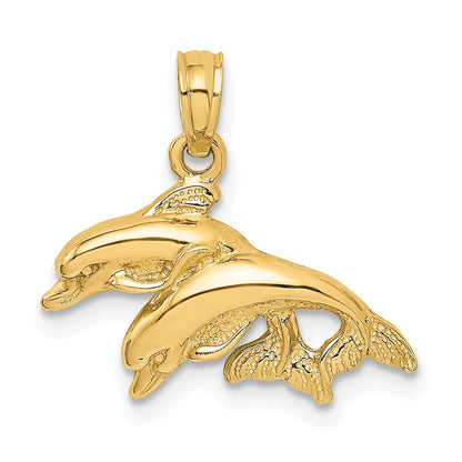 14K 2-D Polished Double Dolphins Jumping Left Charm