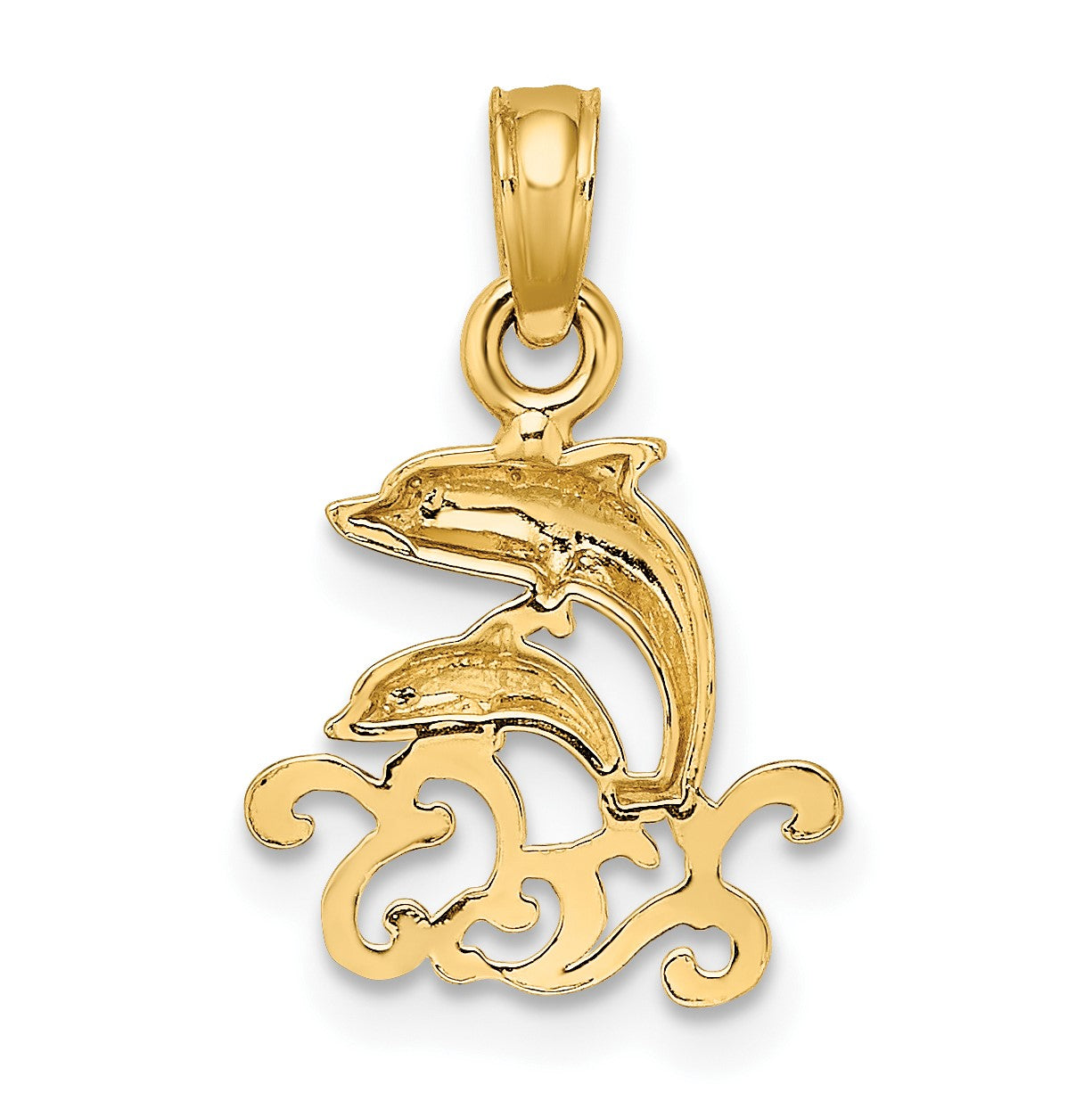 14K Textured Mini Double Dolphins and Waves Charm