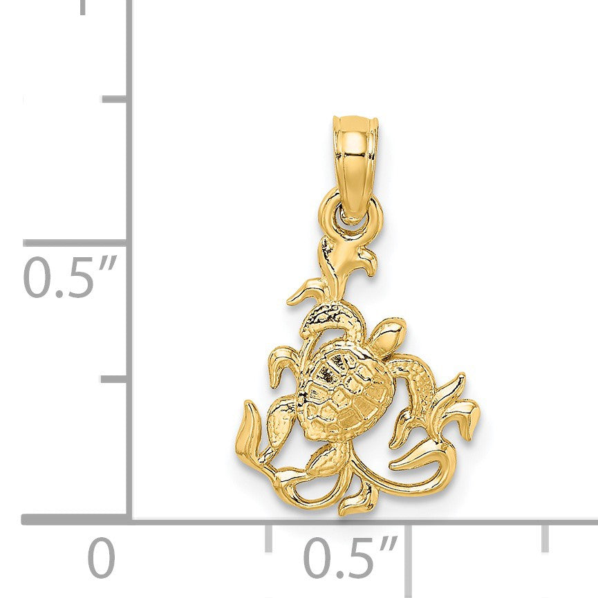 14K Textured Mini Sea Turtle and Kelp Charm