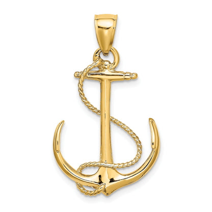 14K 3-D Polished and Textured Anchor with Rope Charm