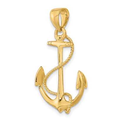 14K 3-D Polished and Textured Anchor with Rope Charm