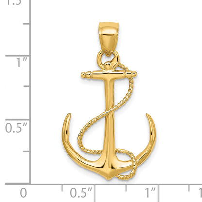 14K 3-D Polished and Textured Anchor with Rope Charm