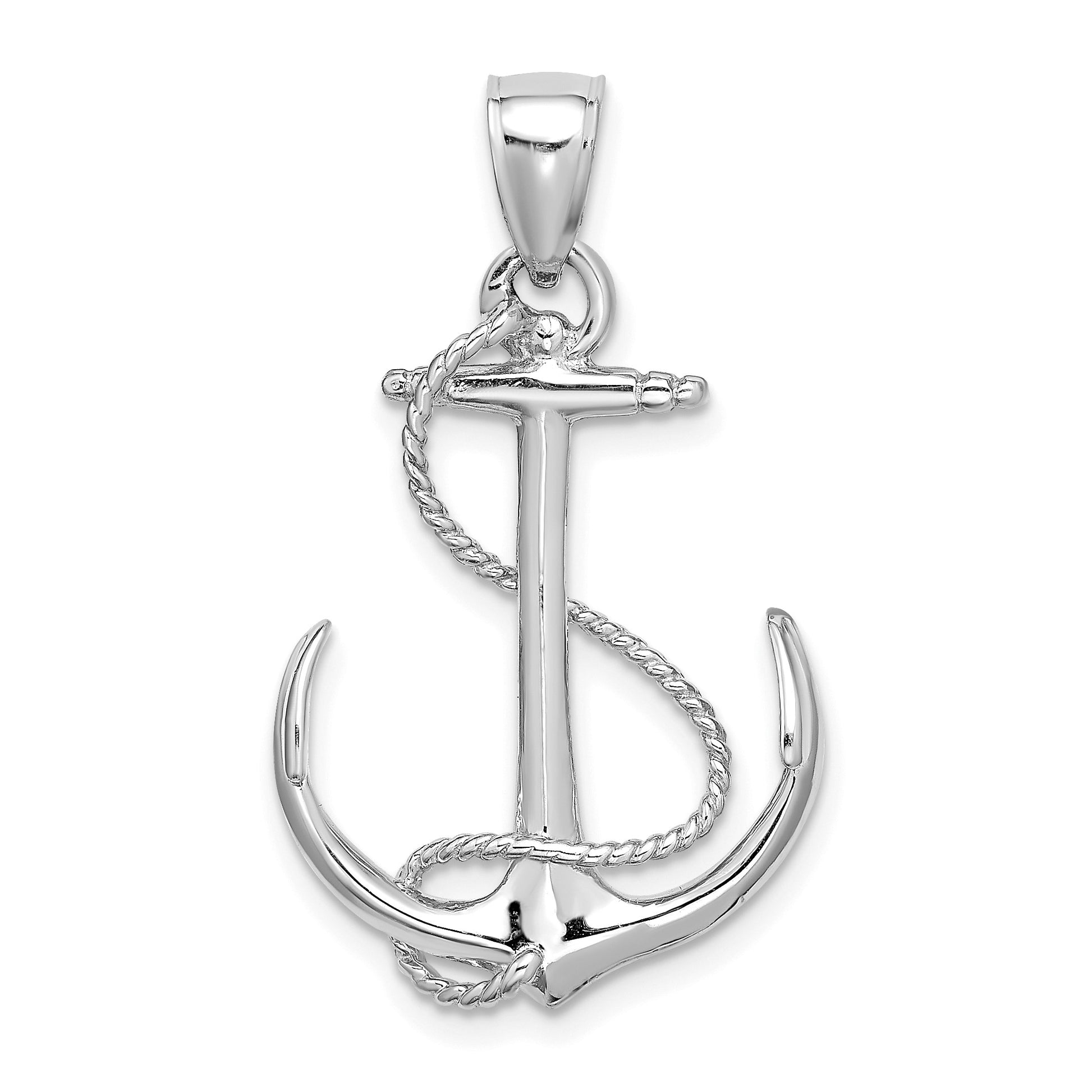14K White Gold 3-D Polished and Textured Anchor with Rope Charm