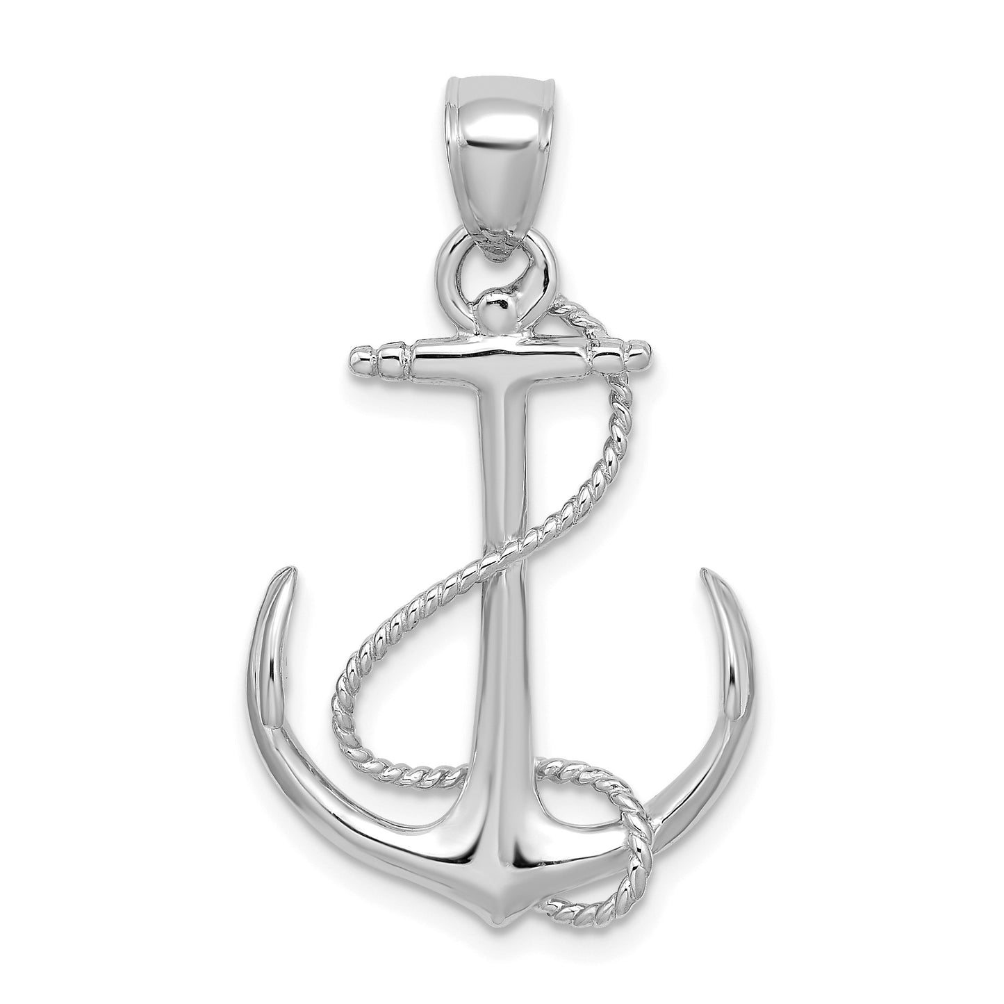 14K White Gold 3-D Polished and Textured Anchor with Rope Charm