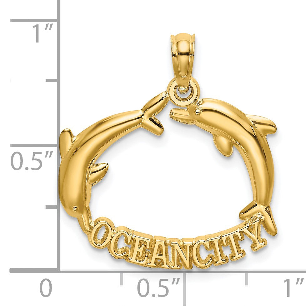 14k Polished OCEAN CITY with Jumping Dolphins Charm