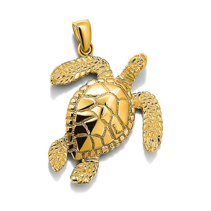 14K Large Textured Swimming Sea Turtle Charm