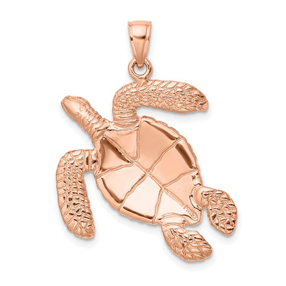 14K Rose Gold Large Textured Swimming Sea Turtle Charm