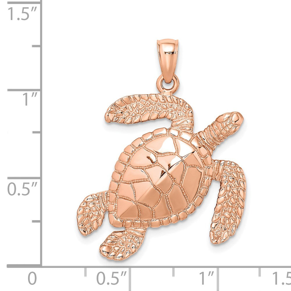 14K Rose Gold Large Textured Swimming Sea Turtle Charm