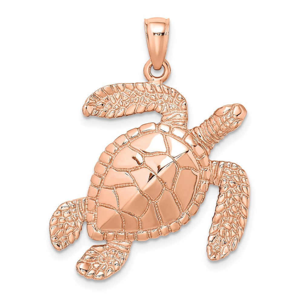 14K Rose Gold Large Textured Swimming Sea Turtle Charm