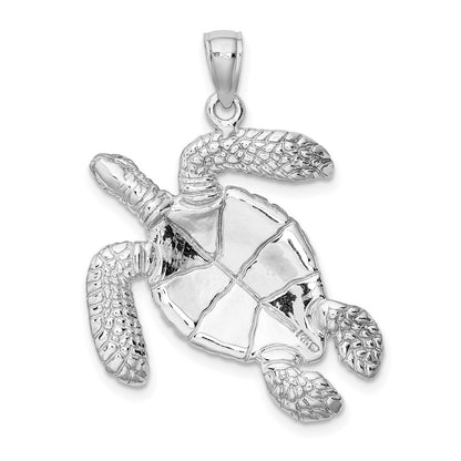 14K White Gold Large Textured Swimming Sea Turtle Charm