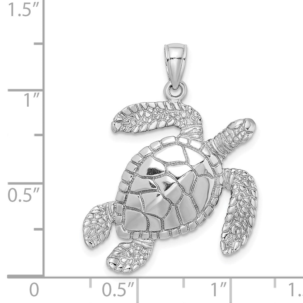 14K White Gold Large Textured Swimming Sea Turtle Charm